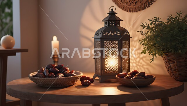 الأجواء الروحانية والاحتفال بالمناسبات والأعياد الدينية الاسلامية، ديكورات وزينة رمضان المبارك, صورة مقربة لفانوس معدني تقليدي مضيئ على طاولة خشبية مع طبق من التمر وقت الليل, البهجة بقدوم شهر الخير، تحف واكسسوارت متميزة، ضيافة رمضانية شهية