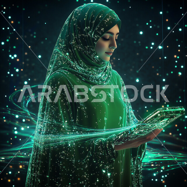 مفهوم التطور الرقمي, النمو و التقدم التقني في المملكة العربية السعودية, رؤية مستقبلية سعودية 2030, امرأة عربية خليجية سعودية محجبة ترتدي عباءة خضراء تمسك بيديها أيقونات هولوجرامية ثلاثية الأبعاد