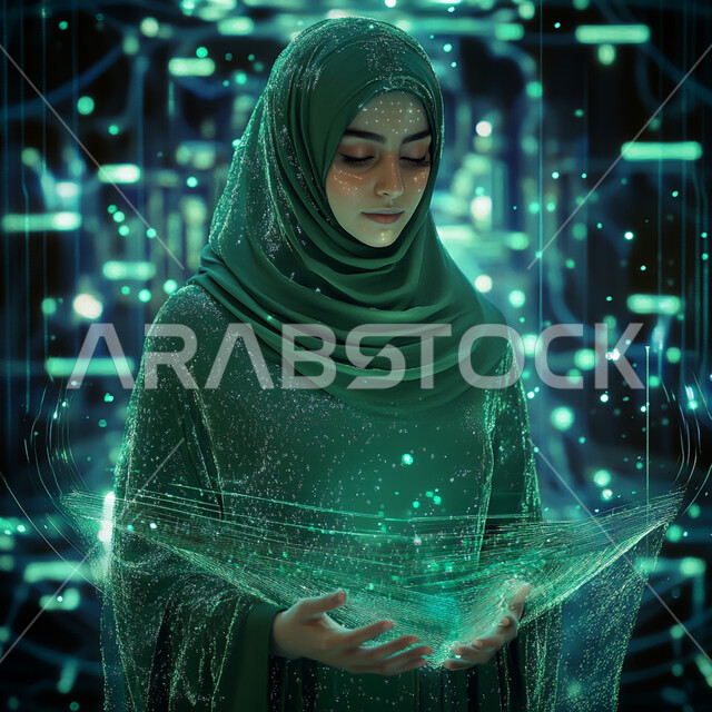 Digital development concept, growth and technological progress in Saudi Arabia, Saudi Vision 2030, veiled Saudi Arabian Gulf woman wearing green abaya holding 3D hologram icons in her hands