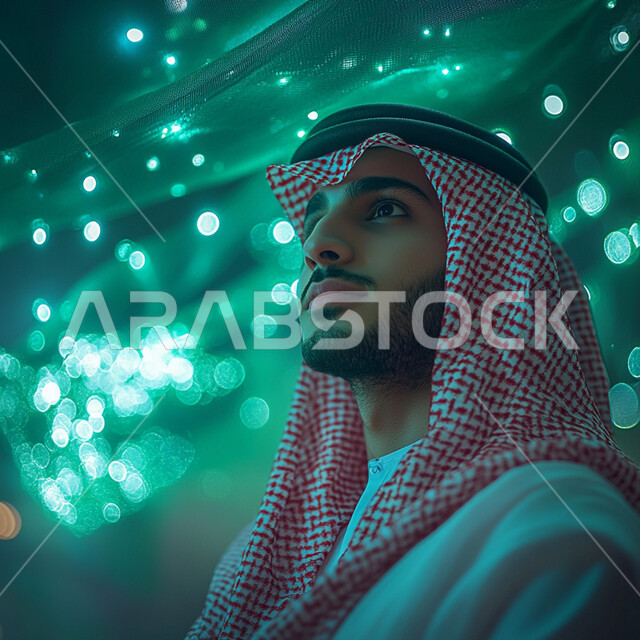 النمو و التقدم التقني في المملكة العربية السعودية, رؤية مستقبلية سعودية 2030, مفهوم التطور الرقمي, صورة مقربة لرجل عربي خليجي سعودي يرتدي الثوب التقليدي و الشماغ ينظر إلى الأعلى ومحاطة بأيقونات هولوجرامية ثلاثية الأبعاد