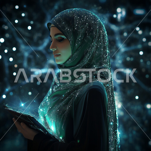 رؤية مستقبلية سعودية 2030, النمو و التقدم التقني في المملكة العربية السعودية, مفهوم التطور الرقمي, صورة مقربة لامرأة عربية خليجية سعودية محجبة ترتدي عباءة سوداء تمسك بيديها الجهاز اللوحي ومحاطة بأيقونات هولوجرامية ثلاثية الأبعاد