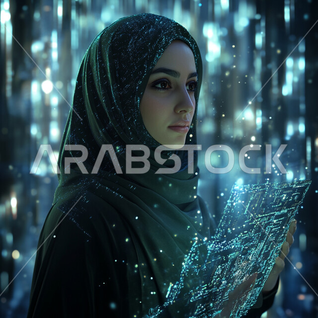 رؤية مستقبلية سعودية 2030, النمو و التقدم التقني في المملكة العربية السعودية, مفهوم التطور الرقمي, صورة مقربة لامرأة عربية خليجية سعودية محجبة ترتدي عباءة سوداء تمسك بيديها الجهاز اللوحي ومحاطة بأيقونات هولوجرامية ثلاثية الأبعاد