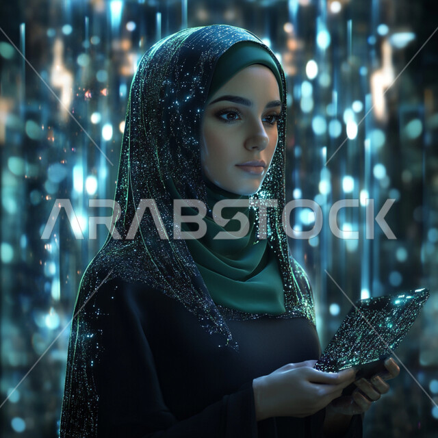 رؤية مستقبلية سعودية 2030, النمو و التقدم التقني في المملكة العربية السعودية, مفهوم التطور الرقمي, صورة مقربة لامرأة عربية خليجية سعودية محجبة ترتدي عباءة سوداء تمسك بيديها الجهاز اللوحي ومحاطة بأيقونات هولوجرامية ثلاثية الأبعاد