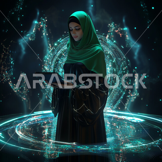النمو و التقدم التقني في المملكة العربية السعودية, رؤية مستقبلية سعودية 2030, مفهوم التطور الرقمي, امرأة عربية خليجية سعودية محجبة ترتدي عباءة خضراء تمسك بيديها الجهاز اللوحي ومحاطة بأيقونات هولوجرامية ثلاثية الأبعاد