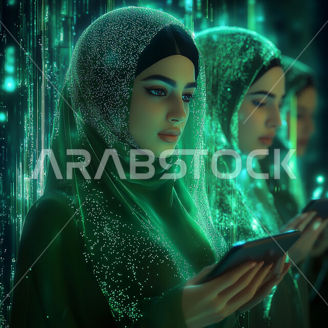 النمو و التقدم التقني في المملكة العربية السعودية, رؤية مستقبلية سعودية 2030, مفهوم التطور الرقمي, صورة مقربة لامرأة عربية خليجية سعودية محجبة ترتدي عباءة خضراء تمسك بيديها الجهاز اللوحي ومحاطة بأيقونات هولوجرامية ثلاثية الأبعاد