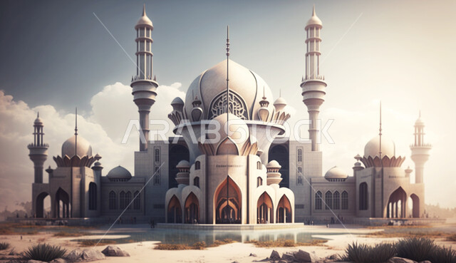 الفن الهندسي المعماري لبناء قبب و مآذن المساجد على الطراز العربي الحديث, مجسم ثلاثي الأبعاد لمسجد إسلامي, أماكن أداء الفرائض و العبادات, مفهوم العبادة والتقرب إلى الله تعالى, خلفية السماء المليئة بالغيوم