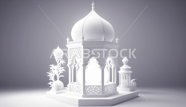 زينة و ديكورات رمضان المبارك, فانوس معدني مزخرف مضيء, مصابيح و أنوار عربية تقليدية, الأجواء الرمضانية الروحانية, الاحتفال بقدوم شهر الخير و البركة, خلفية رمادية