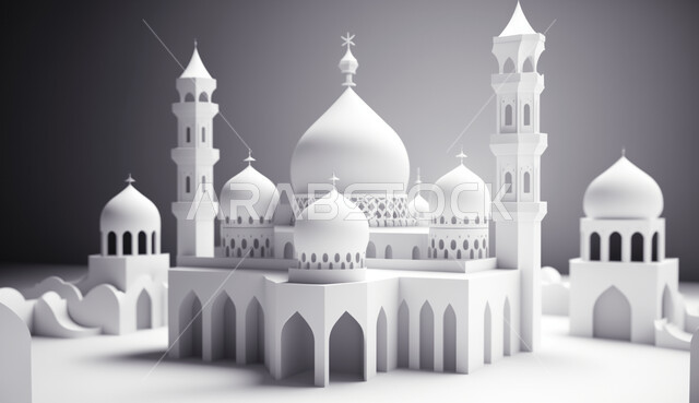 الفن الهندسي المعماري لبناء قبب و مآذن المساجد على الطراز العربي الحديث, مجسم ثلاثي الأبعاد لمسجد إسلامي, أماكن أداء الفرائض و العبادات, مفهوم العبادة والتقرب إلى الله تعالى, خلفية رمادية
