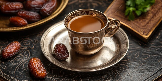 الاستمتاع بالمشروبات الساخنة, فنجان من القهوة العربية الخليجية مع التمر الشهي, أصالة العادات والتقاليد, منتجات محلية وطنية, كرم الضيافة وحسن الاستقبال في المملكة العربية السعودية, خلفية سوداء