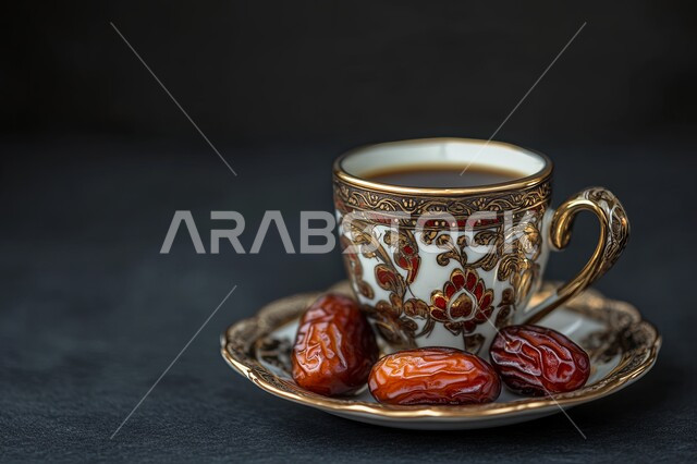 الاستمتاع بالمشروبات الساخنة, فنجان من القهوة العربية الخليجية مع التمر الشهي, أصالة العادات والتقاليد, منتجات محلية وطنية, كرم الضيافة وحسن الاستقبال في المملكة العربية السعودية, خلفية سوداء