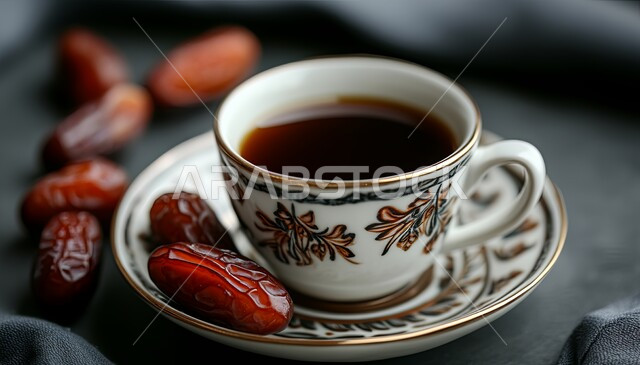 الاستمتاع بالمشروبات الساخنة, فنجان من القهوة العربية الخليجية مع التمر الشهي, أصالة العادات والتقاليد, منتجات محلية وطنية, كرم الضيافة وحسن الاستقبال في المملكة العربية السعودية, خلفية سوداء