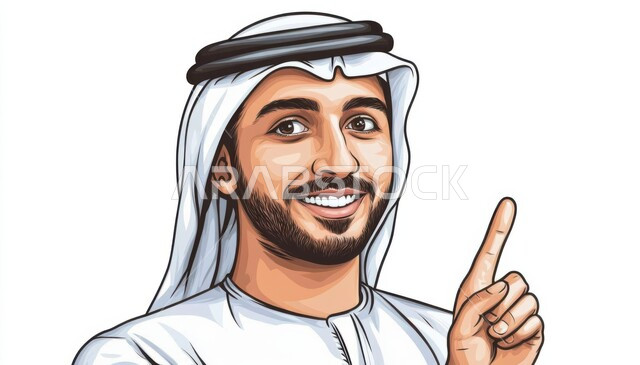 الدلالة على مكان عنصر, تحديد موقع معين, الإشارة و التوضيح إلى شيء ما, بورتريه لشاب عربي خليجي سعودي يرتدي الثوب التقليدي و الشماغ ينظر إلى الكاميرا بإيماءات السعادة و السرور و يشير بإصبع السبابة للأعلى, خلفية بيضاء