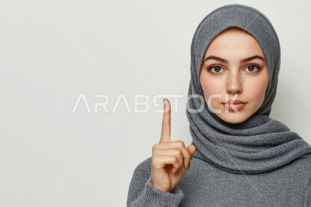 الدلالة على مكان عنصر, الإشارة و التوضيح إلى شيء ما, تحديد موقع معين, بورتريه مقرب لإمرأة عربية خليجي سعودية مبتسمة محجبة ترتدي الزي الكاجوال تنظر إلى الكاميرا بإيماءات السعادة والسرور وتشير بإصبع السبابة للأعلى, خلفية رمادية