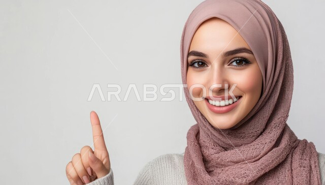 الإشارة و التوضيح إلى شيء ما, الدلالة على مكان عنصر, تحديد موقع معين, بورتريه مقرب لإمرأة عربية خليجي سعودية مبتسمة محجبة ترتدي الزي الكاجوال تنظر إلى الكاميرا بإيماءات السعادة والسرور وتشير بإصبع السبابة للأعلى, خلفية رمادية