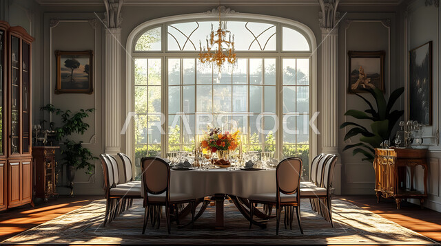 ديكورات منزلية داخلية حديثة لغرفة طعام مع واجهة زجاجية كبيرة، تصاميم عصرية فاخرة، طاولة سفرة مع كراسي خشبية و ثريا أنيقة، أثاث منزلي راقي، شقق وفلل سكنية في المملكة العربية السعودية