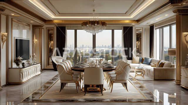 ديكورات منزلية داخلية حديثة لغرفة طعام مع واجهة زجاجية كبيرة، تصاميم عصرية فاخرة، طاولة سفرة مع كراسي مريحة و ثريا أنيقة، أثاث منزلي راقي، شقق وفلل سكنية في المملكة العربية السعودية