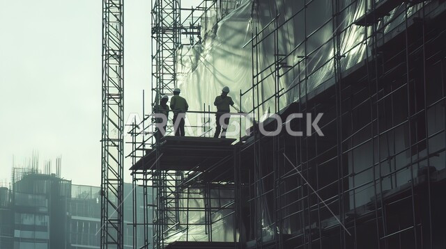 مفهوم العمل الجماعي، تشييد المباني والمشاريع الضخمة، إنشاء الأساسات والهياكل للمشروعات السكنية والمصانع، أعمال البناء والمقاولات والتطوير العقاري، صورة لمجموعة من العمال والمهندسين العربيين الخليجيين السعوديين يعملون في موقع البناء، مهن ووظائف هندسية بالسعودية