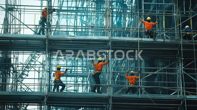 مفهوم العمل الجماعي، تشييد المباني والمشاريع الضخمة، إنشاء الأساسات والهياكل للمشروعات السكنية والمصانع، أعمال البناء والمقاولات والتطوير العقاري، صورة لمجموعة من العمال والمهندسين العربيين الخليجيين السعوديين يعملون في موقع البناء، مهن ووظائف هندسية بالسعودية