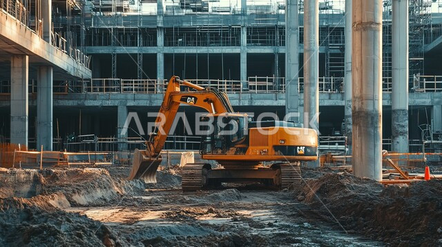 موقع بناء مزدحم بالآلات والمعدات الثقيلة، الحفارات والرافعات والسقالات العالية, مفهوم الهندسة الانشائية والمعمارية، مبنى قيد الانشاء في المملكة العربية السعودية, أعمال البناء وصب الخرسانات ووضع الأساسات، تنفيذ مخطط الإعمار وتشكيل الهيكل المعدني