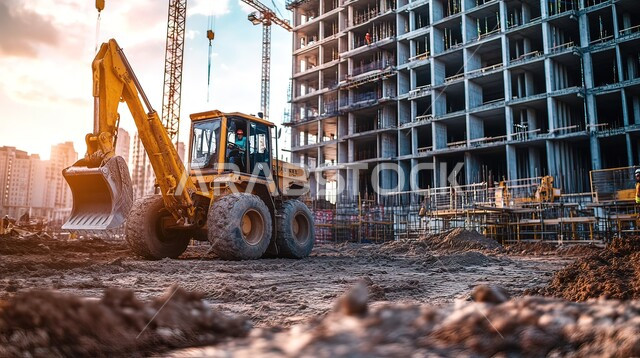 موقع بناء مزدحم بالآلات والمعدات الثقيلة، الحفارات والرافعات والسقالات العالية, مفهوم الهندسة الانشائية والمعمارية، مبنى قيد الانشاء في المملكة العربية السعودية, أعمال البناء وصب الخرسانات ووضع الأساسات، تنفيذ مخطط الإعمار وتشكيل الهيكل المعدني