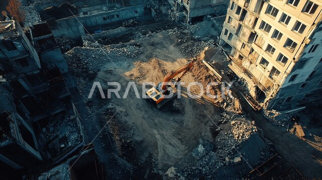 موقع بناء مزدحم بالآلات والمعدات الثقيلة، الحفارات والرافعات والسقالات العالية, مفهوم الهندسة الانشائية والمعمارية، مبنى قيد الانشاء في المملكة العربية السعودية, أعمال البناء وصب الخرسانات ووضع الأساسات، تنفيذ مخطط الإعمار وتشكيل الهيكل المعدني