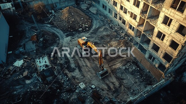 موقع بناء مزدحم بالآلات والمعدات الثقيلة، الحفارات والرافعات والسقالات العالية, مفهوم الهندسة الانشائية والمعمارية، مبنى قيد الانشاء في المملكة العربية السعودية, أعمال البناء وصب الخرسانات ووضع الأساسات، تنفيذ مخطط الإعمار وتشكيل الهيكل المعدني