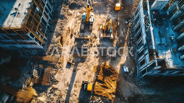 موقع بناء مزدحم بالآلات والمعدات الثقيلة، الحفارات والرافعات والسقالات العالية, مفهوم الهندسة الانشائية والمعمارية، مبنى قيد الانشاء في المملكة العربية السعودية, أعمال البناء وصب الخرسانات ووضع الأساسات، تنفيذ مخطط الإعمار وتشكيل الهيكل المعدني