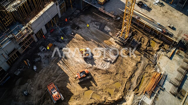 مهن ووظائف هندسية بالسعودية، مفهوم العمل الجماعي، تشييد المباني والمشاريع الضخمة، إنشاء الأساسات والهياكل للمشروعات السكنية والمصانع، أعمال البناء والمقاولات والتطوير العقاري، صورة لمجموعة من العمال والمهندسين العربيين الخليجيين السعوديين يعملون في موقع البناء