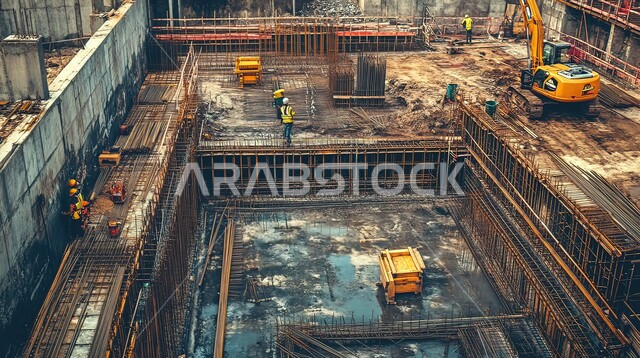 مهن ووظائف هندسية بالسعودية، مفهوم العمل الجماعي، تشييد المباني والمشاريع الضخمة، إنشاء الأساسات والهياكل للمشروعات السكنية والمصانع، أعمال البناء والمقاولات والتطوير العقاري، صورة لمجموعة من العمال والمهندسين العربيين الخليجيين السعوديين يعملون في موقع البناء