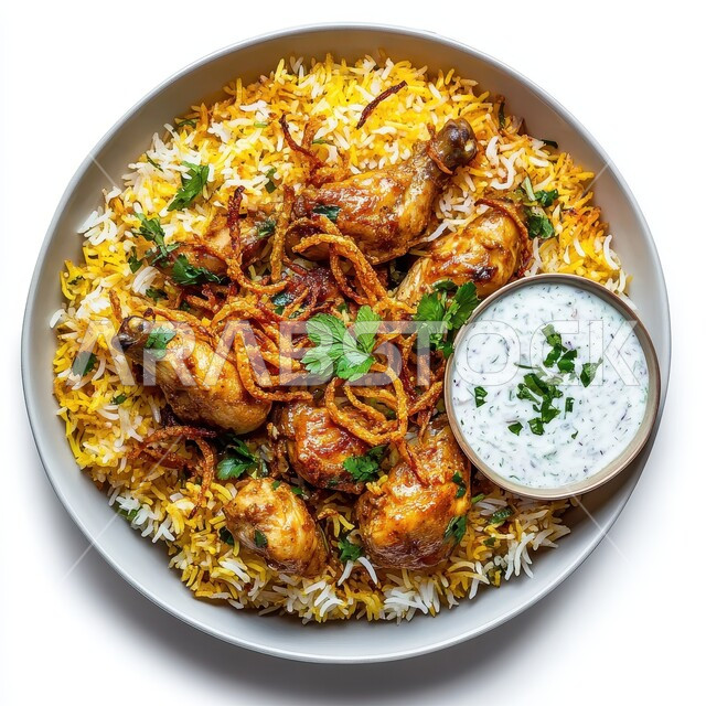 طبق من أرز الكبسة اللذيذ مع قطع الدجاج المطهية، مأكولات وأطباق شعبية تقليدية، وصفات وأطباق طعام لذيذة صحية، فنون تقديم الطعام في المطاعم الشرقية، أكلات شعبية عربية خليجية سعودية