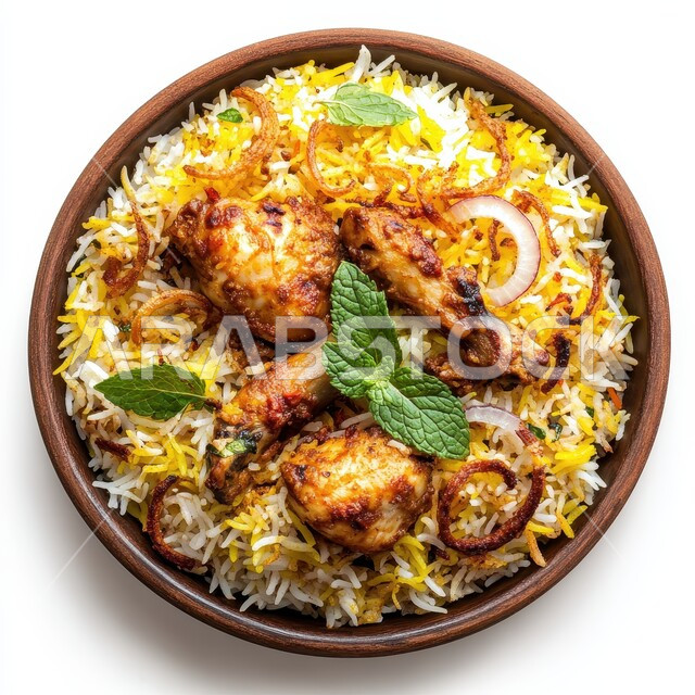 طبق من أرز الكبسة اللذيذ مع قطع الدجاج المطهية، مأكولات وأطباق شعبية تقليدية، وصفات وأطباق طعام لذيذة صحية، فنون تقديم الطعام في المطاعم الشرقية، أكلات شعبية عربية خليجية سعودية