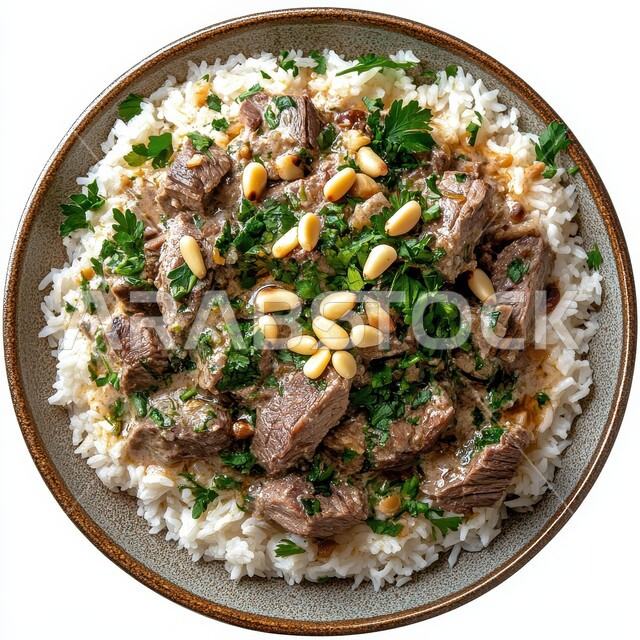 طبق من أرز الكبسة اللذيذ مع قطع الدجاج المطهية، مأكولات وأطباق شعبية تقليدية، وصفات وأطباق طعام لذيذة صحية، فنون تقديم الطعام في المطاعم الشرقية، أكلات شعبية عربية خليجية سعودية