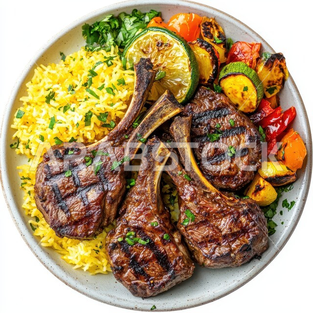 طبق من أرز الكبسة اللذيذ مع قطع اللحم المشوية، مأكولات وأطباق شعبية تقليدية، وصفات وأطباق طعام لذيذة صحية، فنون تقديم الطعام في المطاعم الشرقية، أكلات شعبية عربية خليجية سعودية