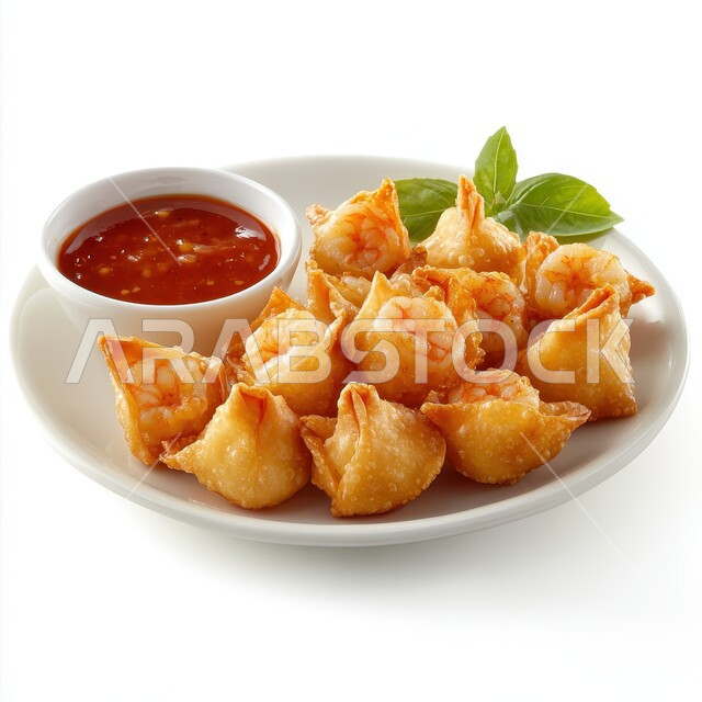 فطائر مقلية متنوعة الحشوات، أطباق رئيسية في سفرة إفطار شهر رمضان المبارك، وصفات المأكولات والأطعمة العربية الشرقية السعودية اللذيذة، طبق من قطع السمبوسك المقرمشة مع الخضراوت والصلصات، مقبلات رمضانية شهية