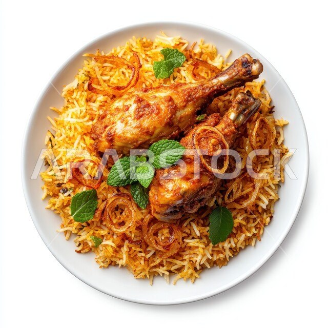 طبق من أرز الكبسة اللذيذ مع قطع الدجاج المطهية، مأكولات وأطباق شعبية تقليدية، وصفات وأطباق طعام لذيذة صحية، فنون تقديم الطعام في المطاعم الشرقية، أكلات شعبية عربية خليجية سعودية
