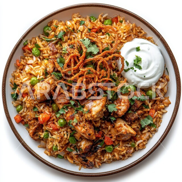طبق من أرز الكبسة اللذيذ مع قطع الدجاج المطهية، مأكولات وأطباق شعبية تقليدية، وصفات وأطباق طعام لذيذة صحية، فنون تقديم الطعام في المطاعم الشرقية، أكلات شعبية عربية خليجية سعودية