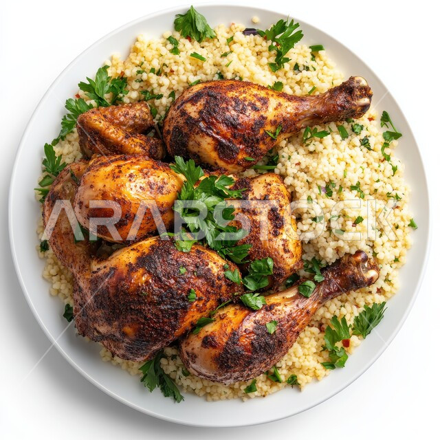 طبق من أرز الكبسة اللذيذ مع قطع الدجاج المطهية، مأكولات وأطباق شعبية تقليدية، وصفات وأطباق طعام لذيذة صحية، فنون تقديم الطعام في المطاعم الشرقية، أكلات شعبية عربية خليجية سعودية