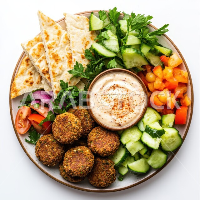 A plate of crispy fried falafel discs with vegetables, Saudi Arabian Gulf restaurants, delicious meals, delicious breakfast, traditional oriental recipes and foods