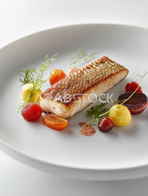 Presentation arts in Saudi Arabia restaurants, delicious seafood recipes and dishes, skill in preparing various types of fish in Saudi cuisine, smoked grilled salmon fillet dish with vegetables, delicious oriental meals