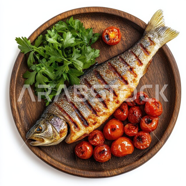  فرخ من السمك المشوي مع الخضراوات والاعشاب، المأكولات البحرية الشهية، وجبات وأطباق شعبية، وصفات الاطعمة التقليدية، فنون تقديم الطعام في مطاعم المملكة العربية السعودية، خلفية بيضاء