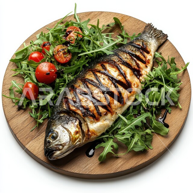  فرخ من السمك المشوي مع الخضراوات والاعشاب، المأكولات البحرية الشهية، وجبات وأطباق شعبية، وصفات الاطعمة التقليدية، فنون تقديم الطعام في مطاعم المملكة العربية السعودية، خلفية بيضاء