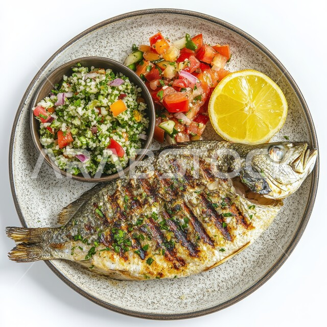  فرخ من السمك المشوي مع الخضراوات والاعشاب، المأكولات البحرية الشهية، وجبات وأطباق شعبية، وصفات الاطعمة التقليدية، فنون تقديم الطعام في مطاعم المملكة العربية السعودية، خلفية بيضاء