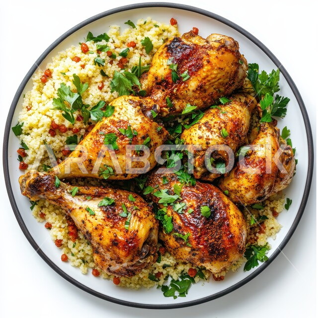 طبق من أرز الكبسة اللذيذ مع قطع الدجاج المطهية، مأكولات وأطباق شعبية تقليدية، وصفات وأطباق طعام لذيذة صحية، فنون تقديم الطعام في المطاعم الشرقية، أكلات شعبية عربية خليجية سعودية