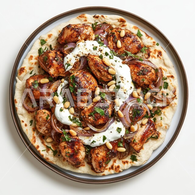 طبق من أرز الكبسة اللذيذ مع قطع الدجاج المطهية، مأكولات وأطباق شعبية تقليدية، وصفات وأطباق طعام لذيذة صحية، فنون تقديم الطعام في المطاعم الشرقية، أكلات شعبية عربية خليجية سعودية