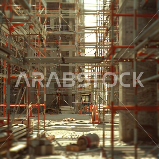 التطور المعماري والحضاري في المملكة العربية السعودية، إنشاء الأساسات والهياكل للمشروعات السكنية والمصانع, تشييد المباني والمشاريع الضخمة، مفهوم تحسين البنية التحتية للبلاد، أعمال البناء والمقاولات والتطوير العقاري، الرافعات والسقالات والآلات في موقع البناء