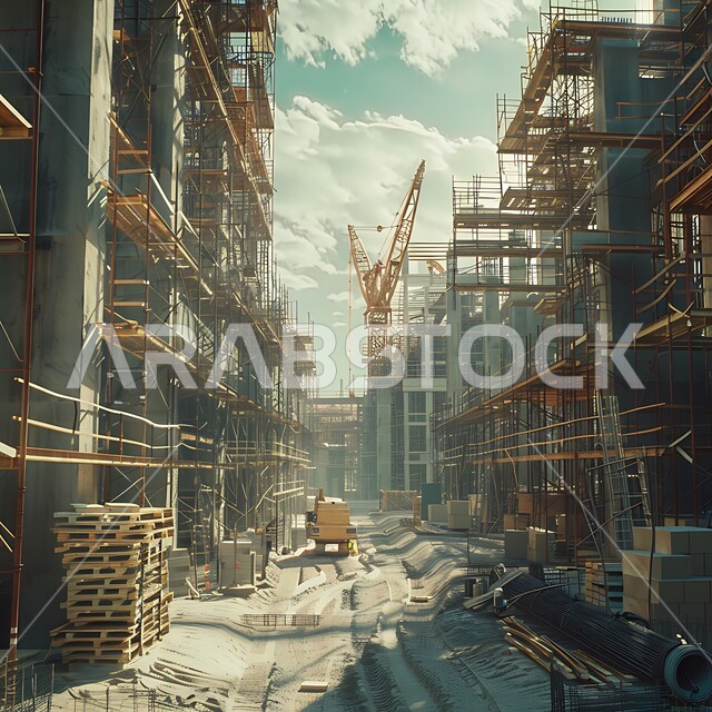 التطور المعماري والحضاري في المملكة العربية السعودية، إنشاء الأساسات والهياكل للمشروعات السكنية والمصانع, تشييد المباني والمشاريع الضخمة، مفهوم تحسين البنية التحتية للبلاد، أعمال البناء والمقاولات والتطوير العقاري، الرافعات والسقالات والآلات في موقع البناء