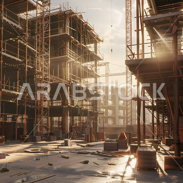 Architectural and urban development in the Kingdom of Saudi Arabia, establishing foundations and structures for residential projects and factories, building construction and mega projects, the concept of improving the country's infrastructure, construction, contracting and real estate development works, cranes, scaffolding and machinery at the construction site