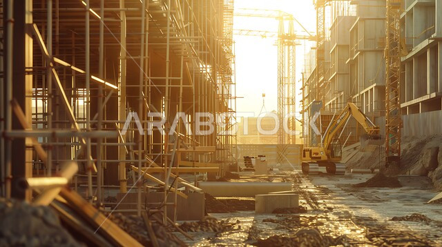 إنشاء الأساسات والهياكل للمشروعات السكنية والمصانع, تشييد المباني والمشاريع الضخمة، مفهوم تحسين البنية التحتية للبلاد، أعمال البناء والمقاولات والتطوير العقاري، التطور المعماري والحضاري في المملكة العربية السعودية، الرافعات والسقالات والآلات في موقع البناء