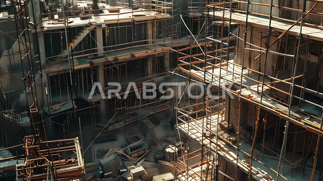 Construction of foundations and structures for residential projects and factories, construction of buildings and mega projects, concept of improving the country's infrastructure, construction, contracting and real estate development works, architectural and urban development in the Kingdom of Saudi Arabia, cranes, scaffolding and machinery at the construction site