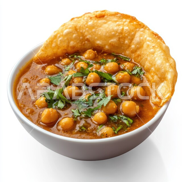 Delicious healthy breakfasts in oriental restaurants, popular appetizers, traditional Arabic food, Saudi food recipes, close-up of delicious lentil and chickpea soup with parsley, white background